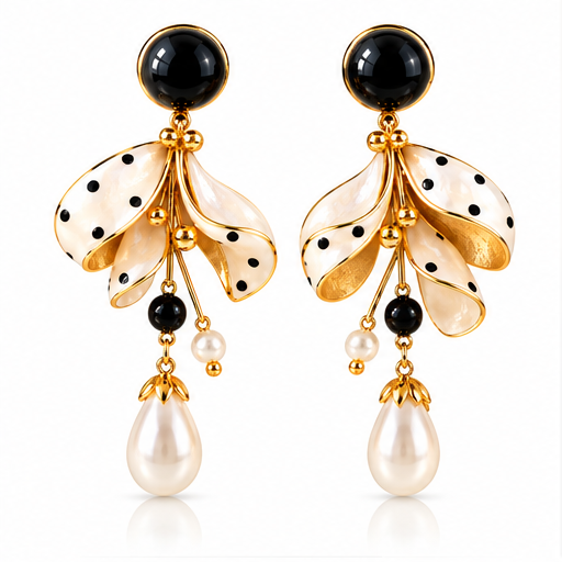 Chic Polka Dot Floral Pearl Drop Earrings – Elegant Black & White Gold-Plated Dangle Earrings for Women