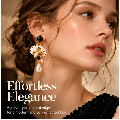 Chic Polka Dot Floral Pearl Drop Earrings – Elegant Black & White Gold-Plated Dangle Earrings for Women