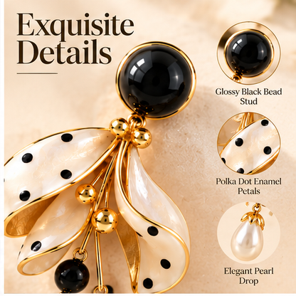 Chic Polka Dot Floral Pearl Drop Earrings – Elegant Black & White Gold-Plated Dangle Earrings for Women