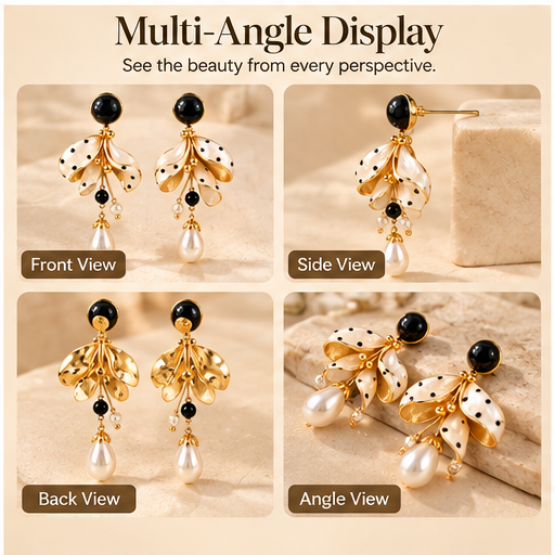 Chic Polka Dot Floral Pearl Drop Earrings – Elegant Black & White Gold-Plated Dangle Earrings for Women