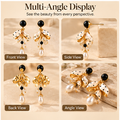 Chic Polka Dot Floral Pearl Drop Earrings – Elegant Black & White Gold-Plated Dangle Earrings for Women