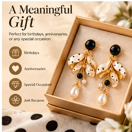 Chic Polka Dot Floral Pearl Drop Earrings – Elegant Black & White Gold-Plated Dangle Earrings for Women