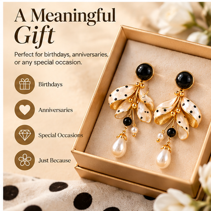 Chic Polka Dot Floral Pearl Drop Earrings – Elegant Black & White Gold-Plated Dangle Earrings for Women