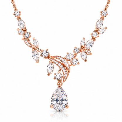 Floral Teardrop Crystal Necklace – Rose Gold Leaf Pendant with Sparkling Cubic Zirconia Details