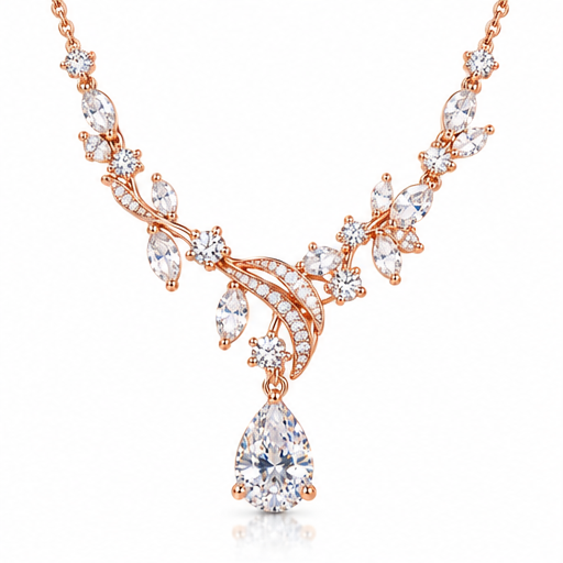 Floral Teardrop Crystal Necklace – Rose Gold Leaf Pendant with Sparkling Cubic Zirconia Details