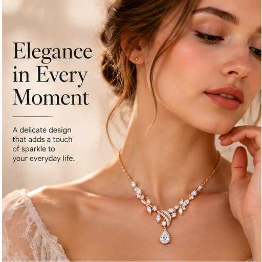Floral Teardrop Crystal Necklace – Rose Gold Leaf Pendant with Sparkling Cubic Zirconia Details
