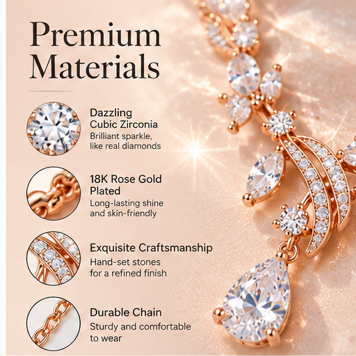 Floral Teardrop Crystal Necklace – Rose Gold Leaf Pendant with Sparkling Cubic Zirconia Details