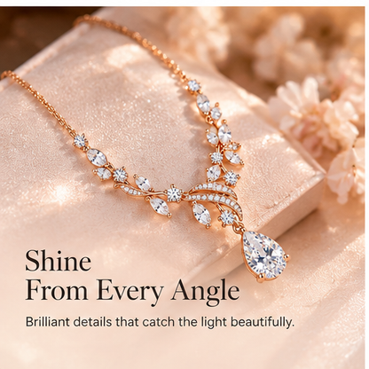 Floral Teardrop Crystal Necklace – Rose Gold Leaf Pendant with Sparkling Cubic Zirconia Details
