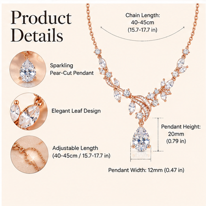 Floral Teardrop Crystal Necklace – Rose Gold Leaf Pendant with Sparkling Cubic Zirconia Details
