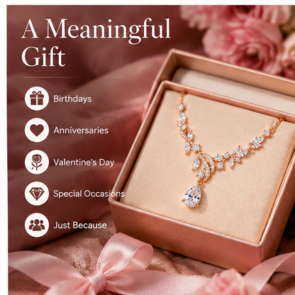 Floral Teardrop Crystal Necklace – Rose Gold Leaf Pendant with Sparkling Cubic Zirconia Details