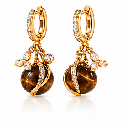 Natural Tiger Eye Stone 18K Gold-Plated Drop Earrings – Elegant Crystal Floral Dangle Earrings for Women