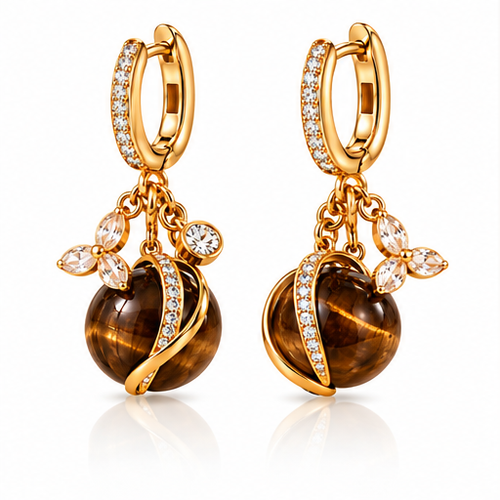 Natural Tiger Eye Stone 18K Gold-Plated Drop Earrings – Elegant Crystal Floral Dangle Earrings for Women