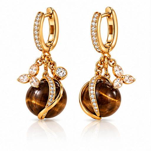 Natural Tiger Eye Stone 18K Gold-Plated Drop Earrings – Elegant Crystal Floral Dangle Earrings for Women