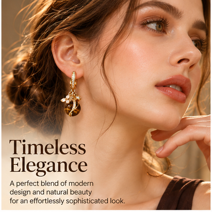 Natural Tiger Eye Stone 18K Gold-Plated Drop Earrings – Elegant Crystal Floral Dangle Earrings for Women