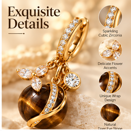 Natural Tiger Eye Stone 18K Gold-Plated Drop Earrings – Elegant Crystal Floral Dangle Earrings for Women
