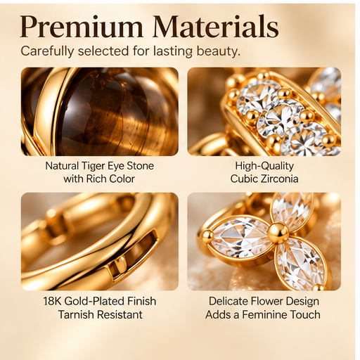 Natural Tiger Eye Stone 18K Gold-Plated Drop Earrings – Elegant Crystal Floral Dangle Earrings for Women