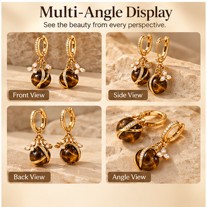 Natural Tiger Eye Stone 18K Gold-Plated Drop Earrings – Elegant Crystal Floral Dangle Earrings for Women