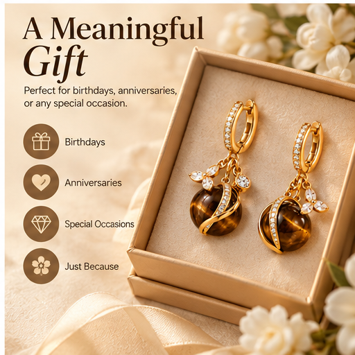 Natural Tiger Eye Stone 18K Gold-Plated Drop Earrings – Elegant Crystal Floral Dangle Earrings for Women