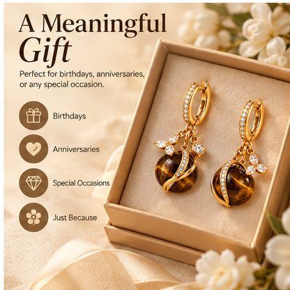 Natural Tiger Eye Stone 18K Gold-Plated Drop Earrings – Elegant Crystal Floral Dangle Earrings for Women