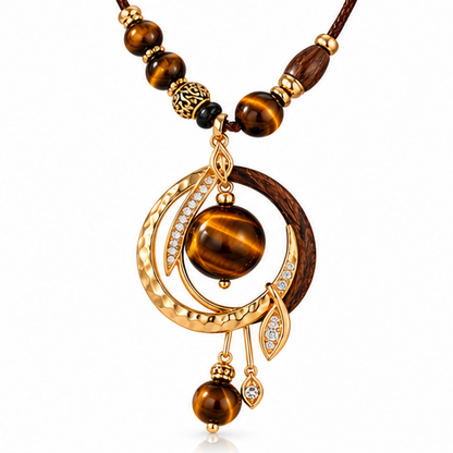 Tiger Eye Stone Pendant Necklace – Natural Stone & Wood Beaded Bohemian Necklace