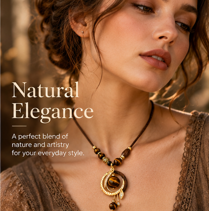 Tiger Eye Stone Pendant Necklace – Natural Stone & Wood Beaded Bohemian Necklace