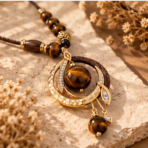 Tiger Eye Stone Pendant Necklace – Natural Stone & Wood Beaded Bohemian Necklace