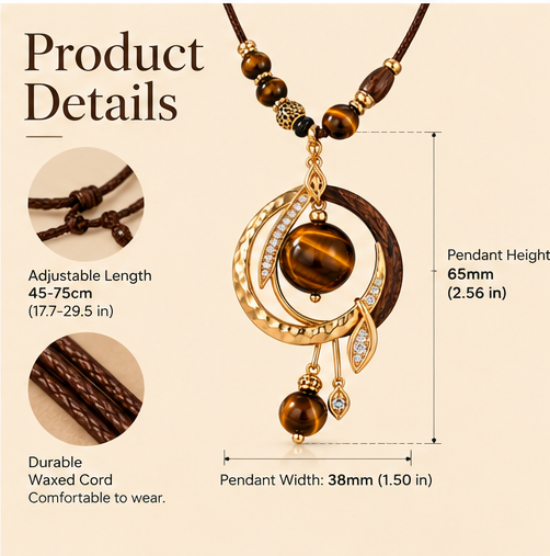 Tiger Eye Stone Pendant Necklace – Natural Stone & Wood Beaded Bohemian Necklace