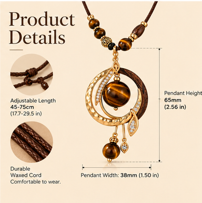 Tiger Eye Stone Pendant Necklace – Natural Stone & Wood Beaded Bohemian Necklace