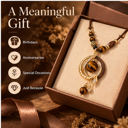 Tiger Eye Stone Pendant Necklace – Natural Stone & Wood Beaded Bohemian Necklace